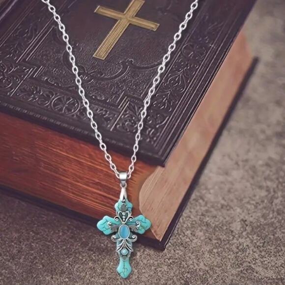 Turquoise Cross Necklace Western Native American Faith Fashion Birthday Gift NEW - Picture 3 of 4